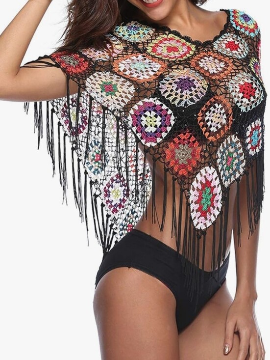 Other - Boho Crochet Fringe Swim Cover-Up in Black with Multicolor Motifs